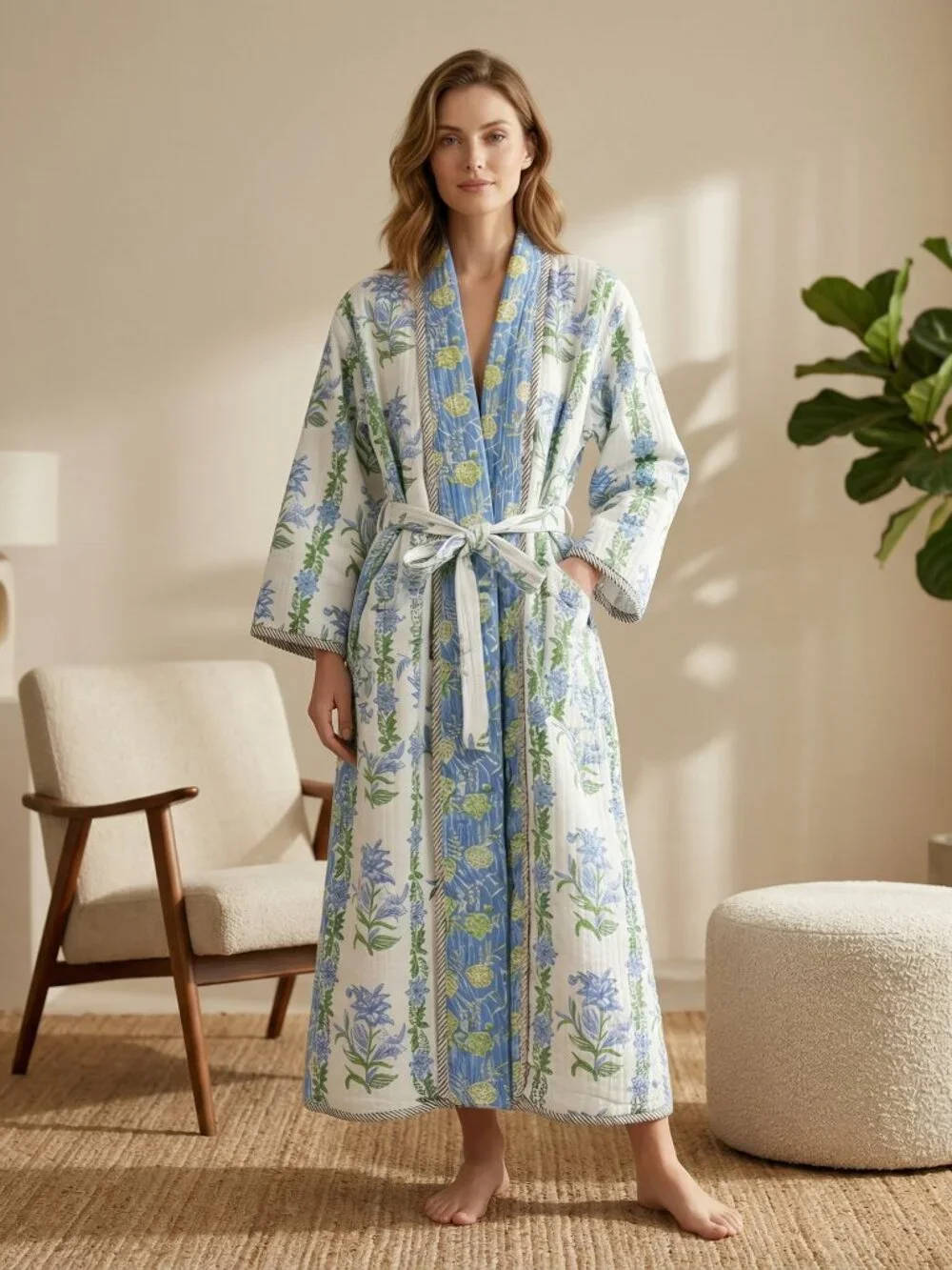 Reversible Cotton Kimono Robe, Hand Block Print Bathrobe, Floral Quilted for Her